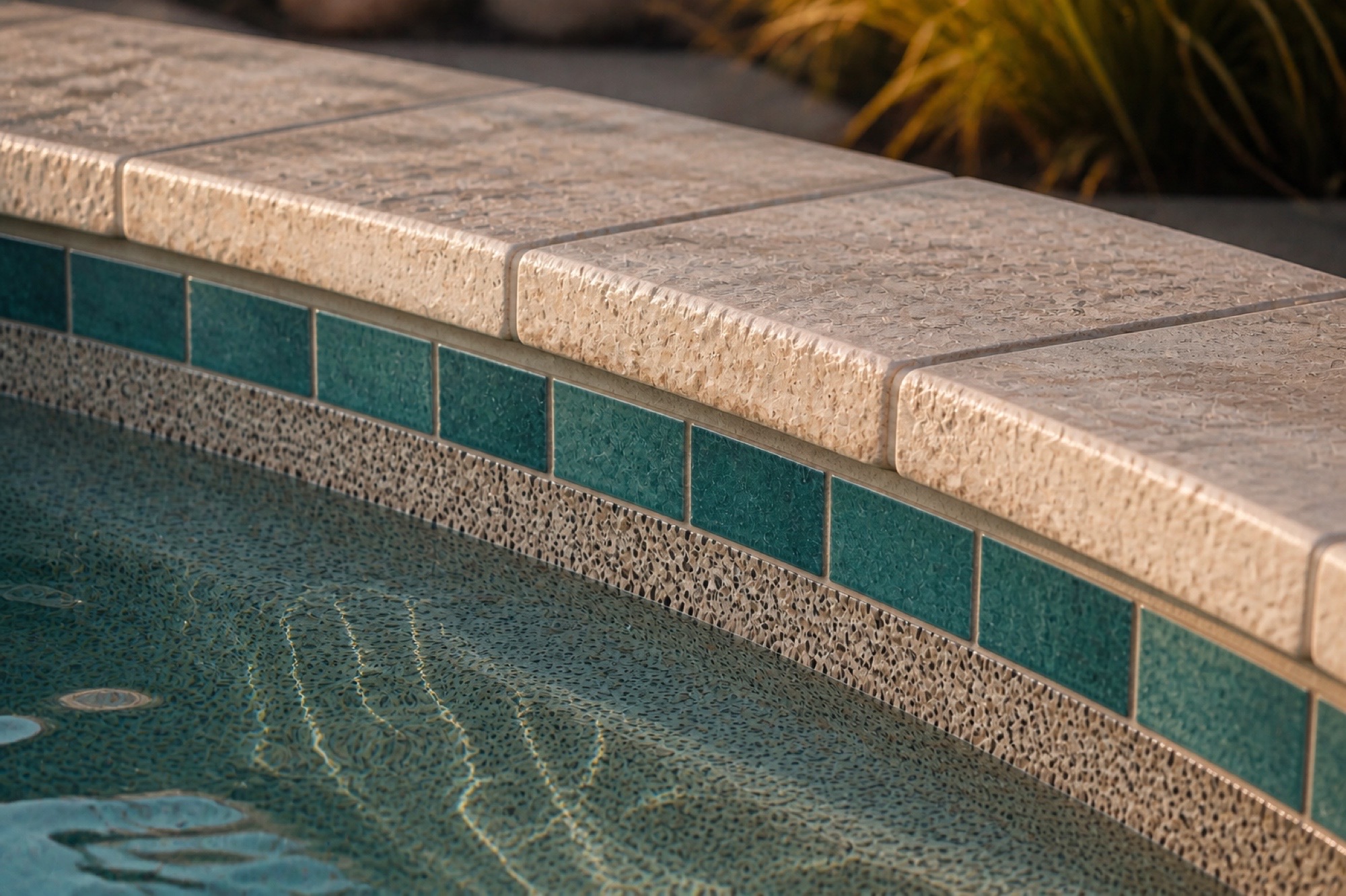 Close-up of natural stone coping and blue pool water