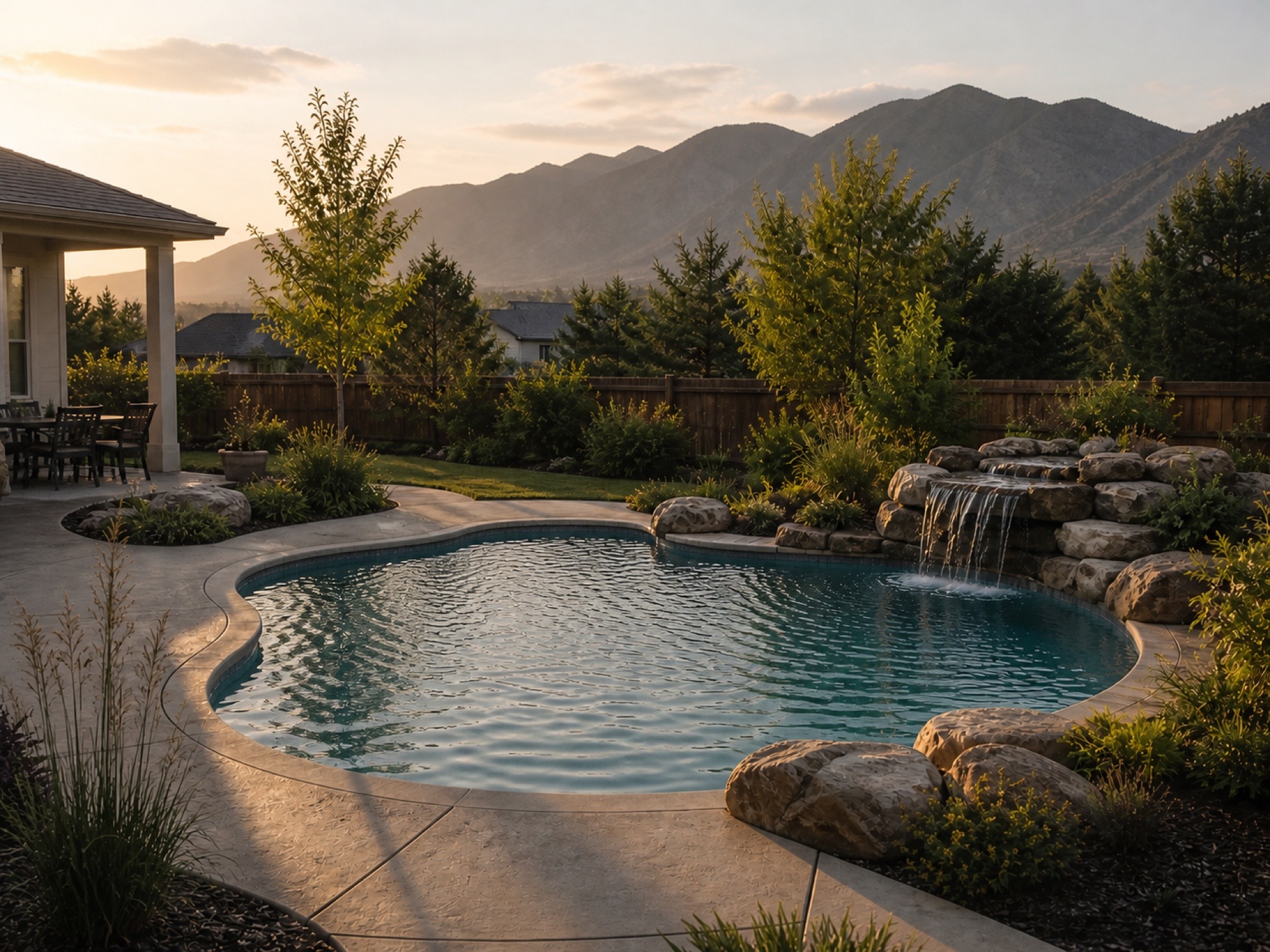 Freeform pool design with a waterfall, stone terrace, and mountain views
